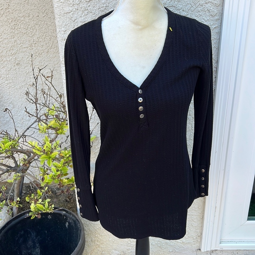 Chasor Women's Black Waffle Knit Thermal Long Sleeve Top Size S